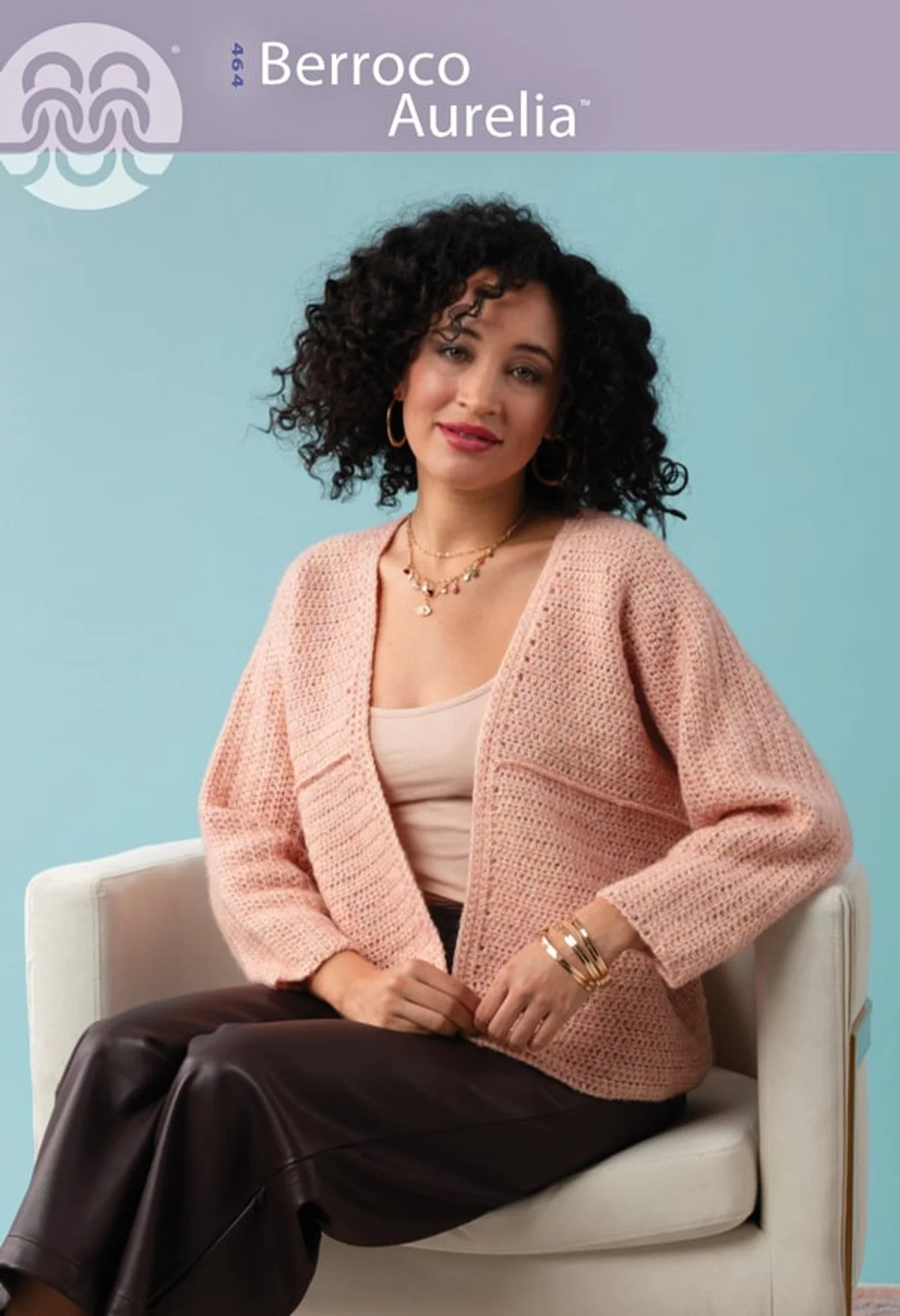 Knitting pattern booklet cover with a pink textured cardigan for cozy layering