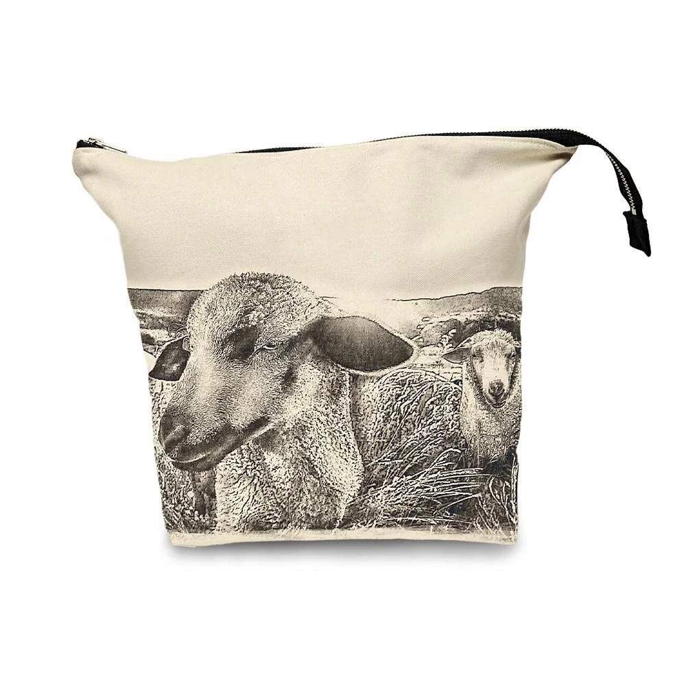 Eric & Christopher sheep project bag with illustrated sheep design on cream canvas