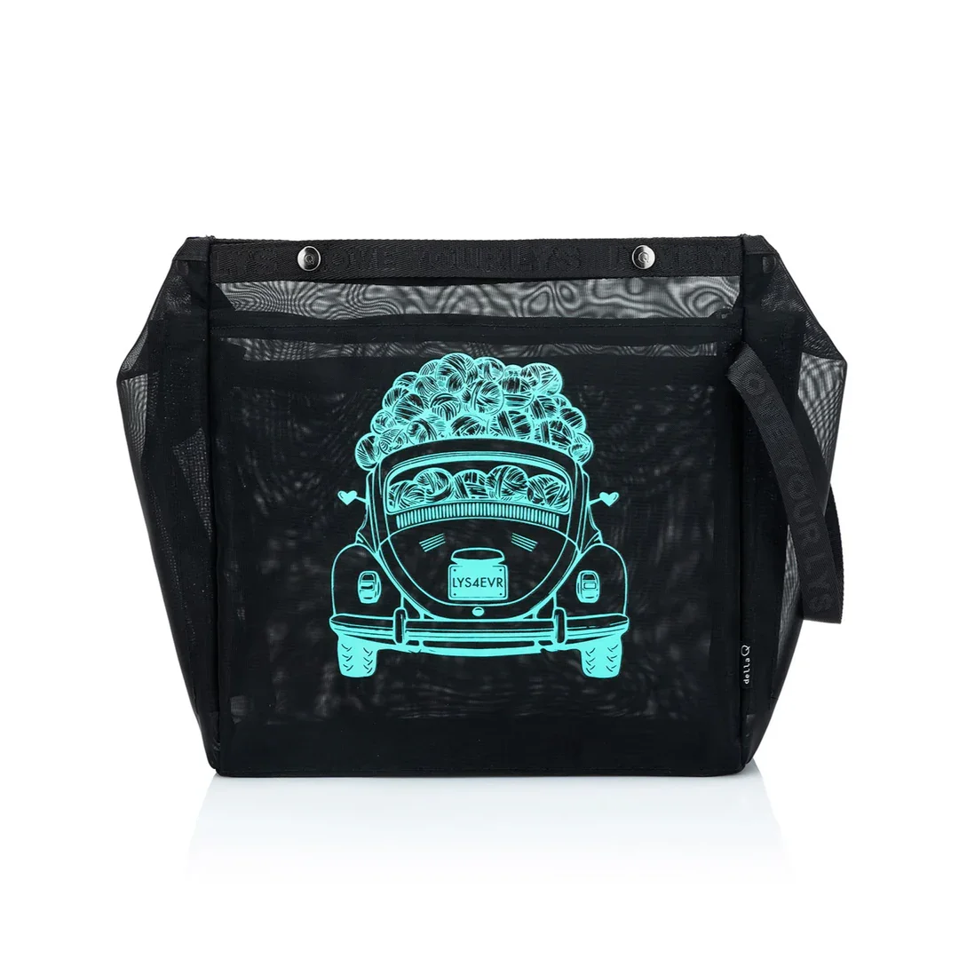 CozyKnit-style knitting project bag with pockets in black mesh and turquoise car-and-yarn print trim