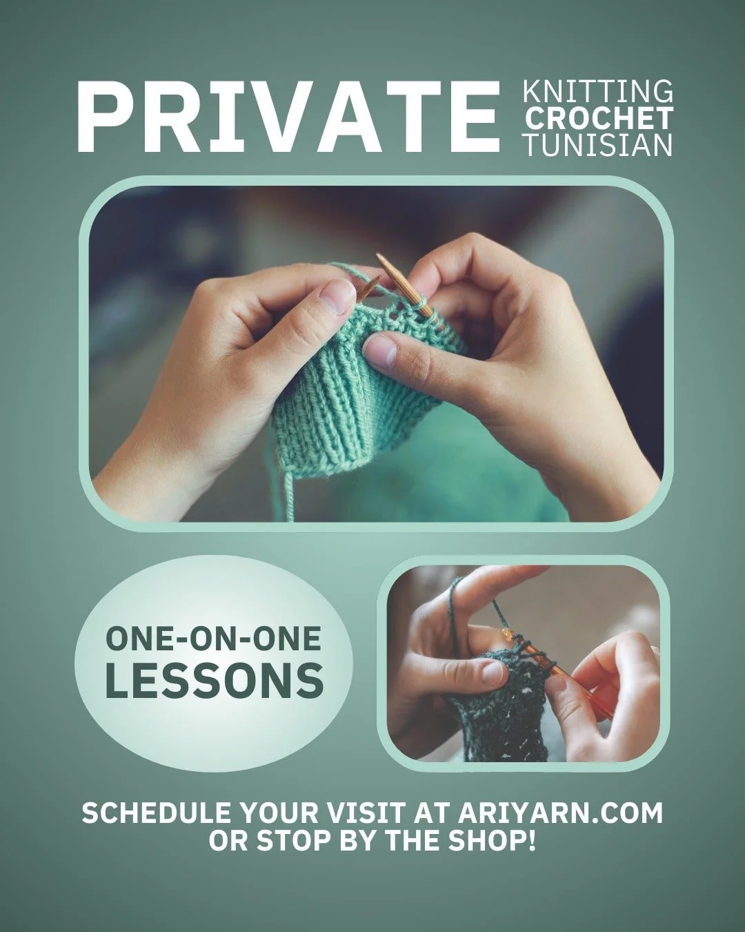 AriYARN flyer for one-hour private lessons in crochet, knitting, and Tunisian.