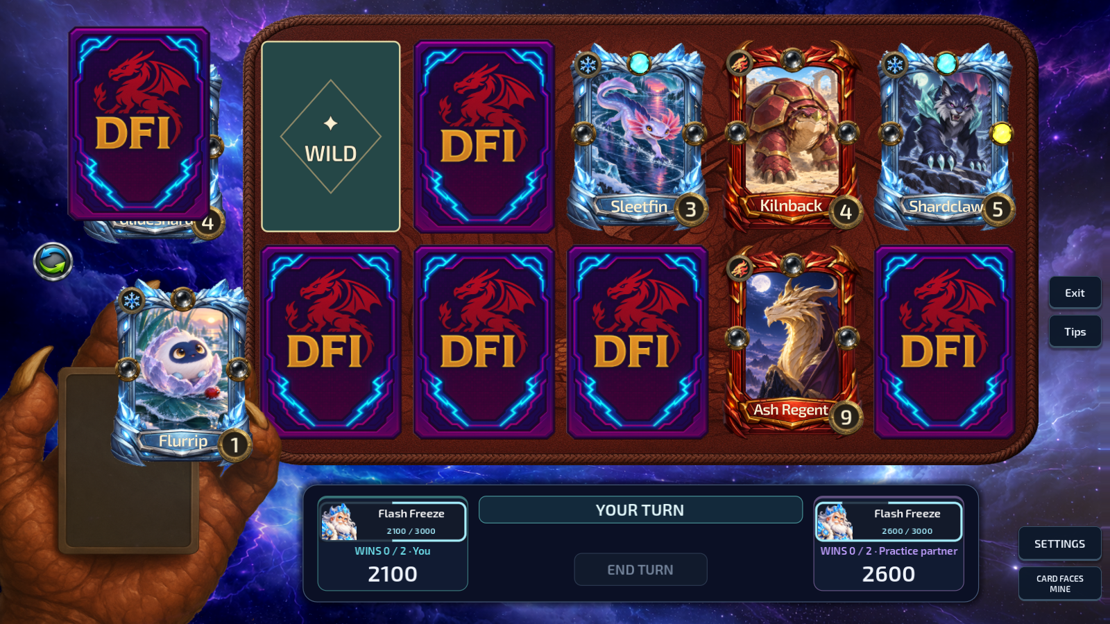 Actual CardSurge practice gameplay: numbered cards on the board, DFI card backs, a Wild, the held Flurrip card and Hero charge panels