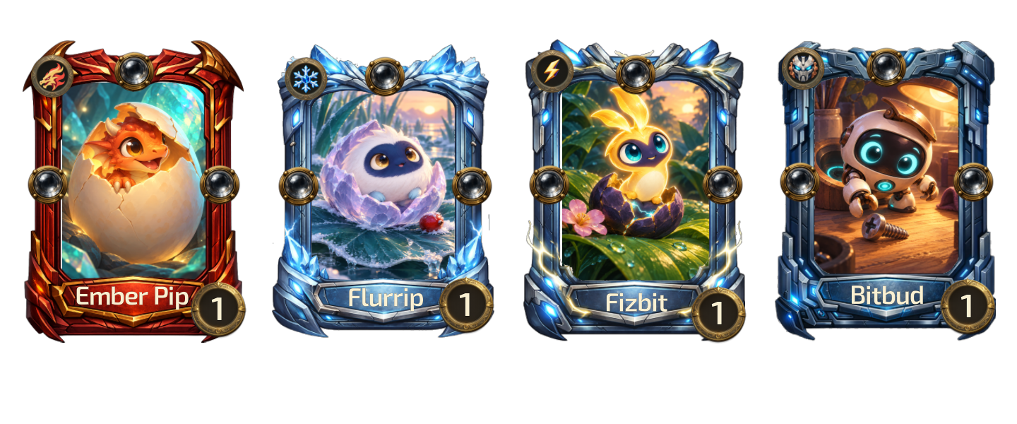 Ember Pip, Flurrip, Fizbit and Bitbud rank-one starter cards with their actual game frames, rank badges and scoring sockets