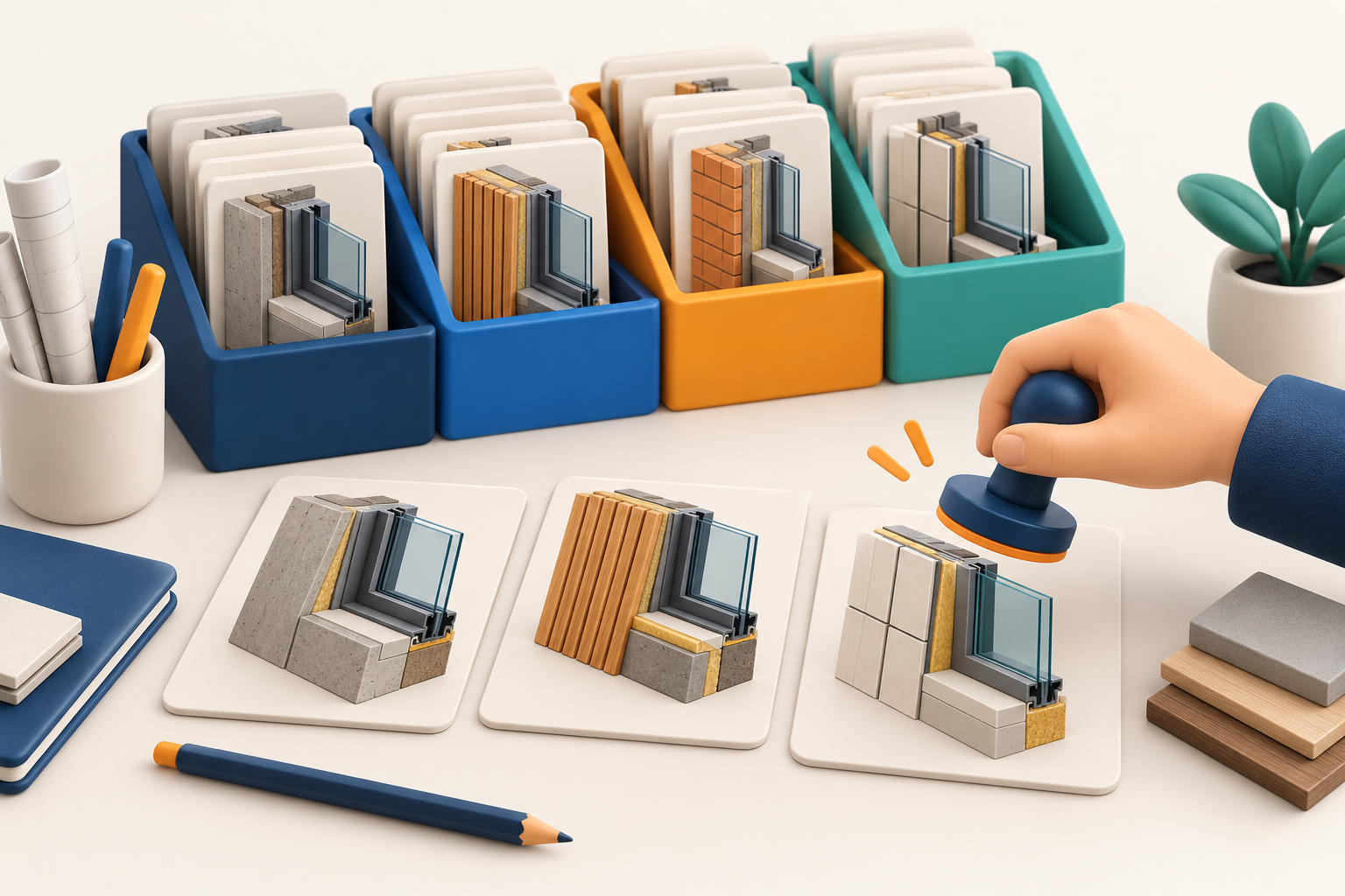 Conceptual clay illustration of a detail library and a human approval stamp.