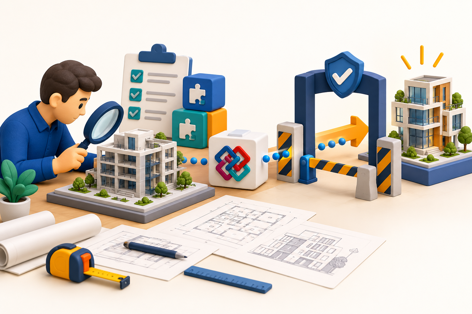 Conceptual clay illustration of a reviewer checking a building model, tools and an update acceptance gate.