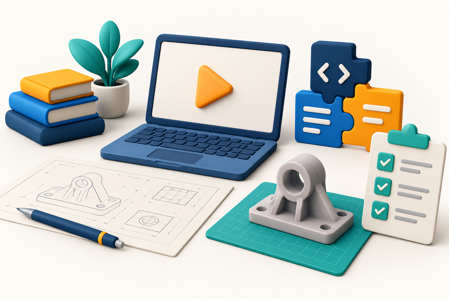 Conceptual clay illustration of an on-demand training video, books, code and a practical exercise checklist.