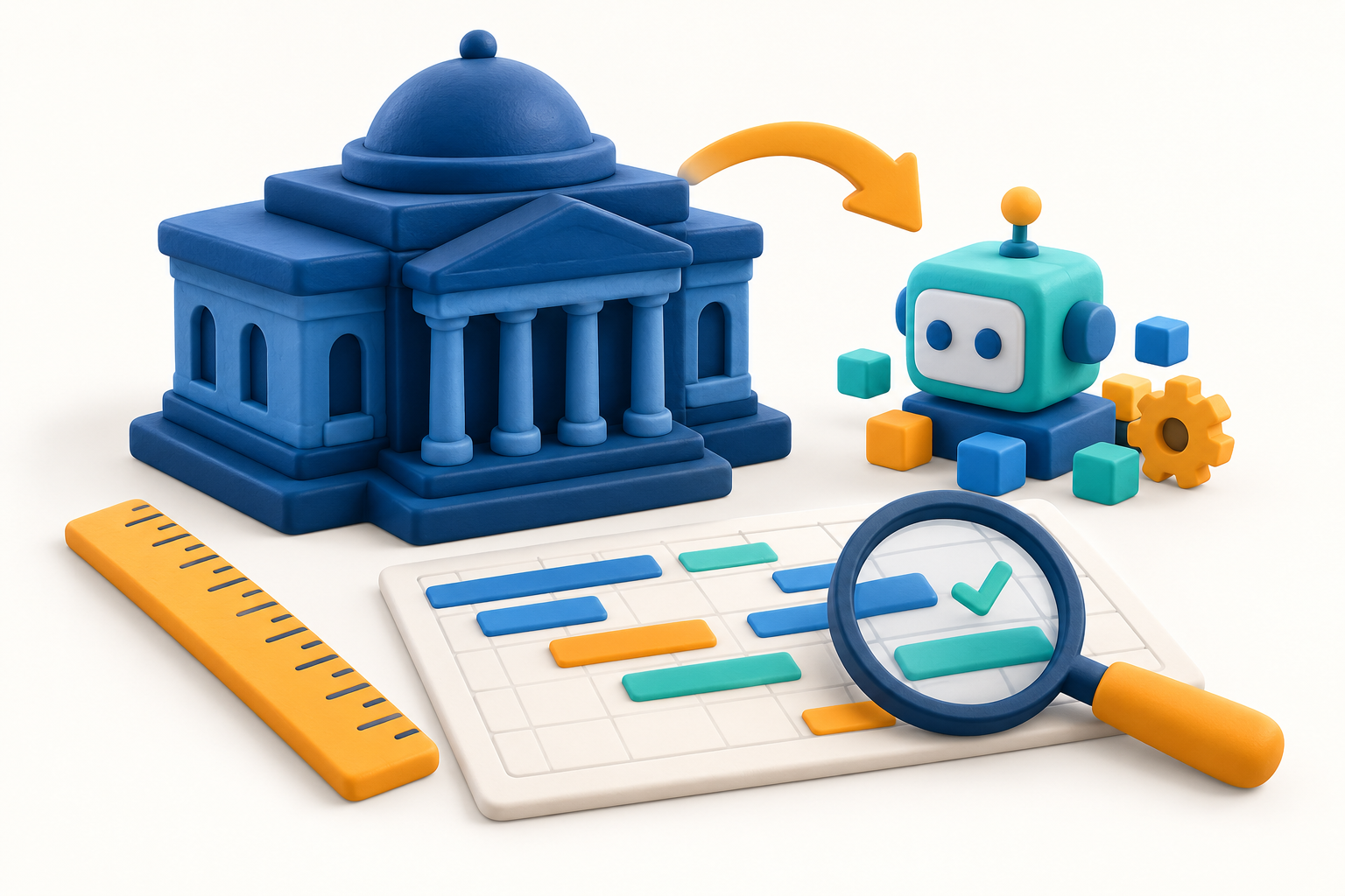 Conceptual clay illustration of an independently updated assistant beside a building model and checked measurements.