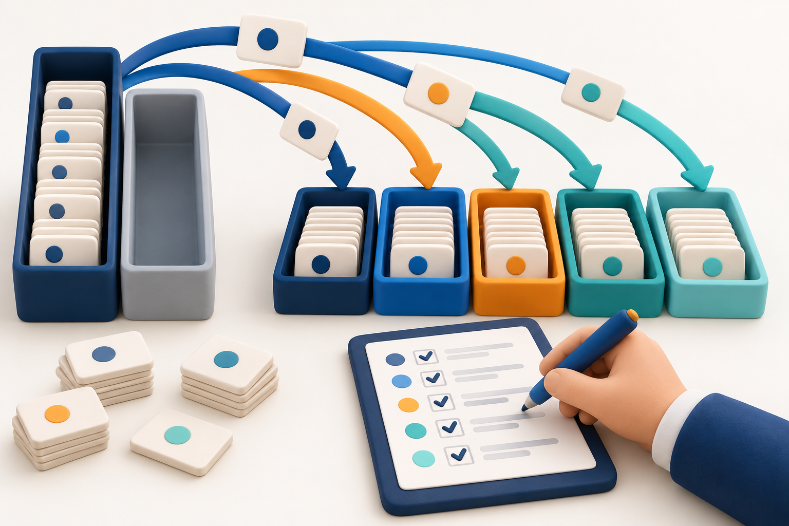 Conceptual clay illustration of classification records migrating into multiple labeled groups with a review checklist.