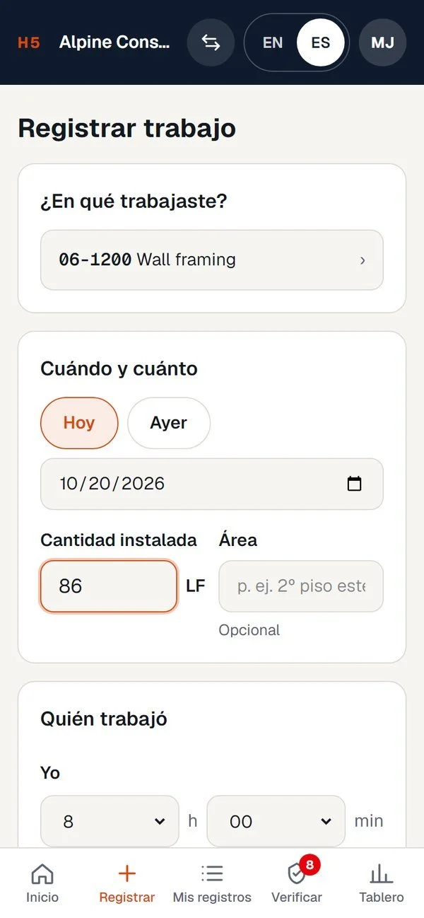 The same Log work screen in Spanish