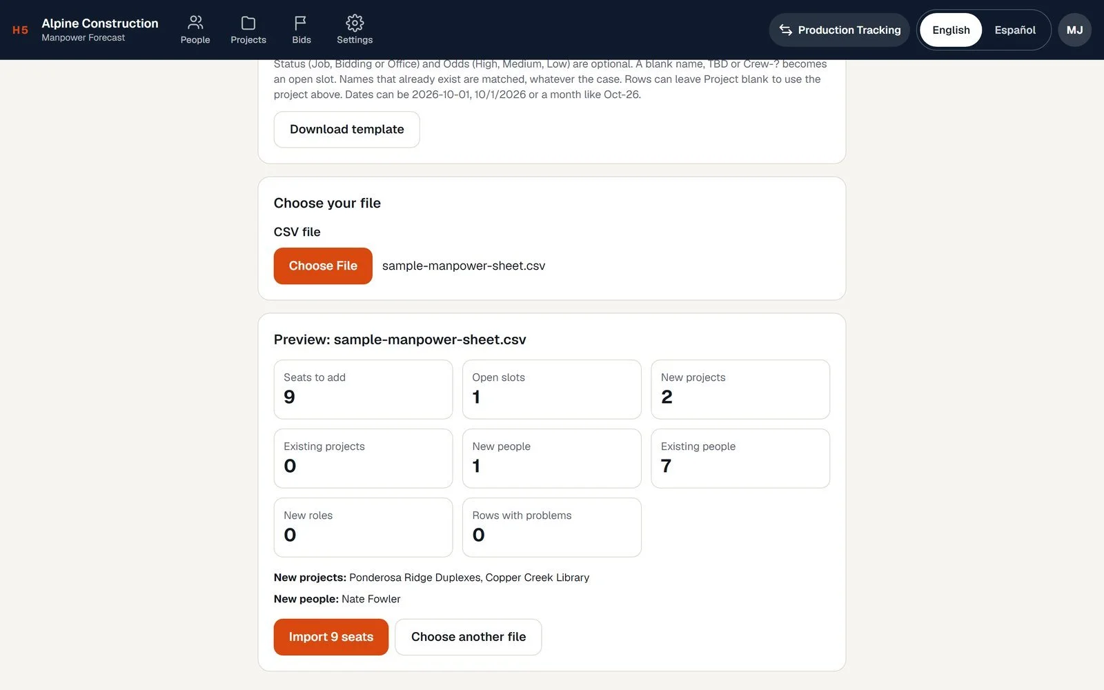 Importing people and projects from a CSV file