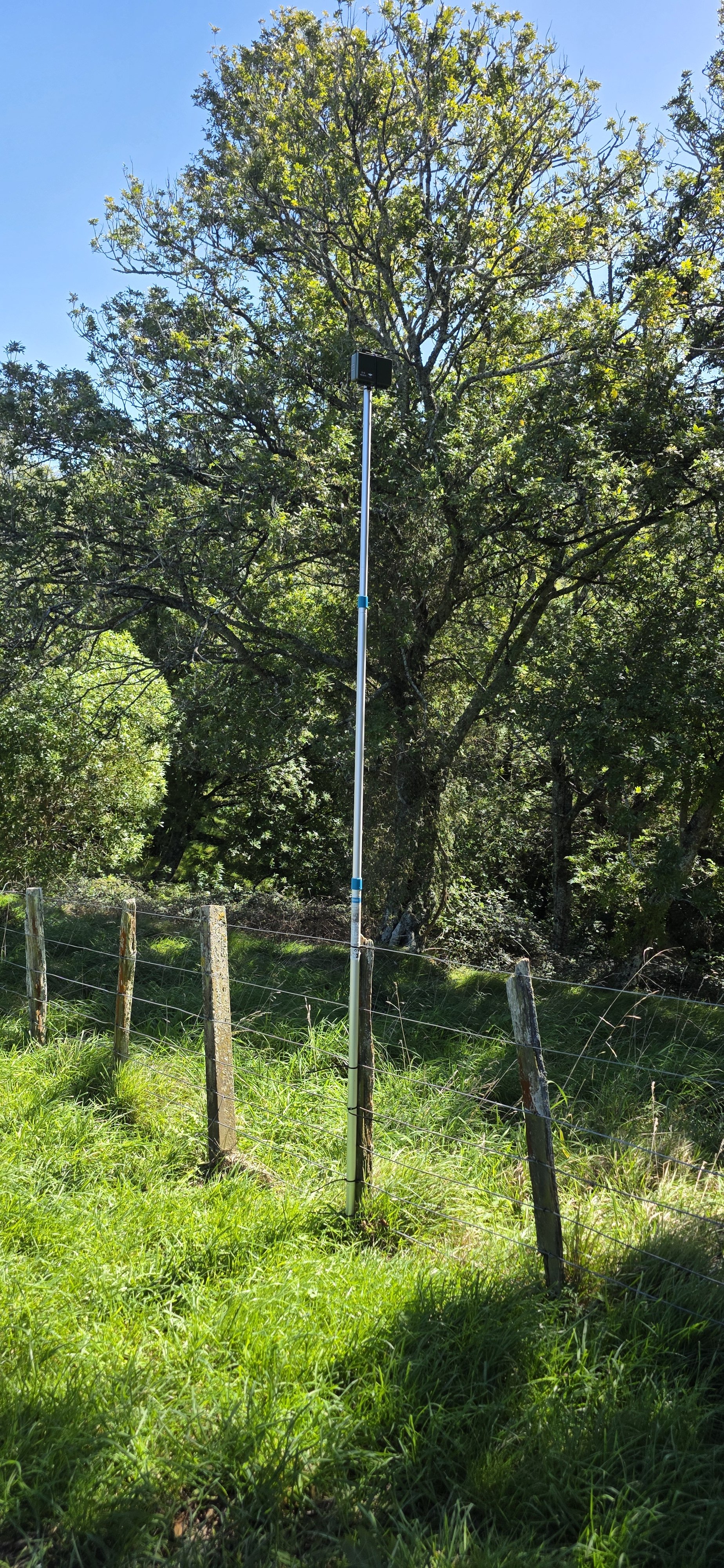 Bat detector on a pole beside a farm fence, looking across a pond
