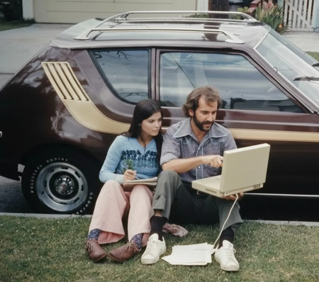 Two people working on an early laptop beside a car