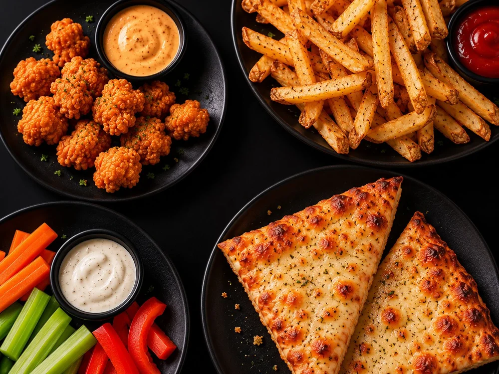 Le forfait repas pour enfants : bouchées de poulet, frites, crudités et pain plat aux fromages