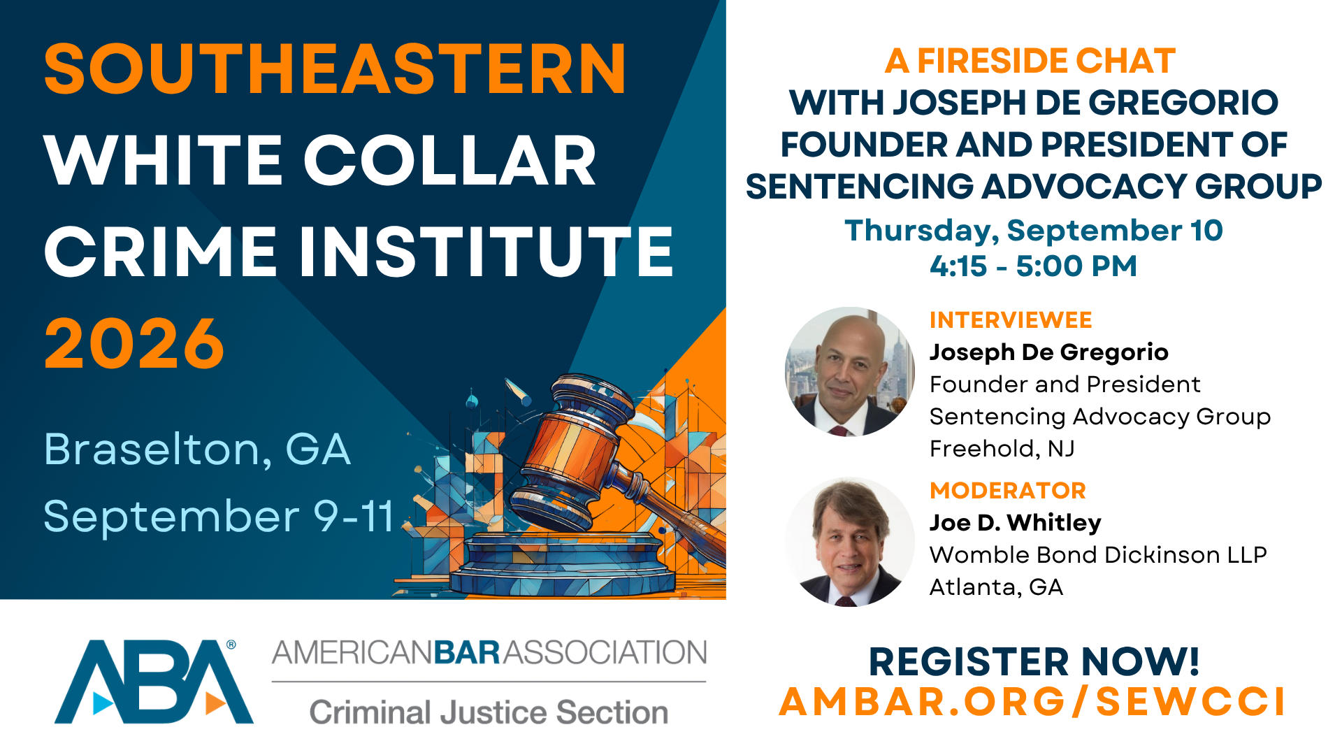American Bar Association Southeastern White Collar Crime Institute 2026 promotional graphic for a fireside chat with Joseph De Gregorio, moderated by Joe D. Whitley, in Braselton, Georgia.