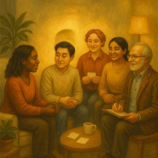 Supportive group of diverse people practicing social skills together in comfortable, encouraging environment