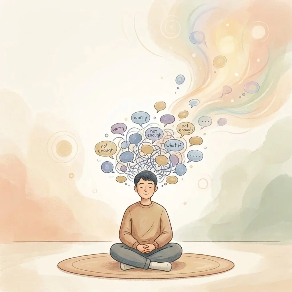 A person calmly watching anxious thought-bubbles float away, illustrating cognitive defusion