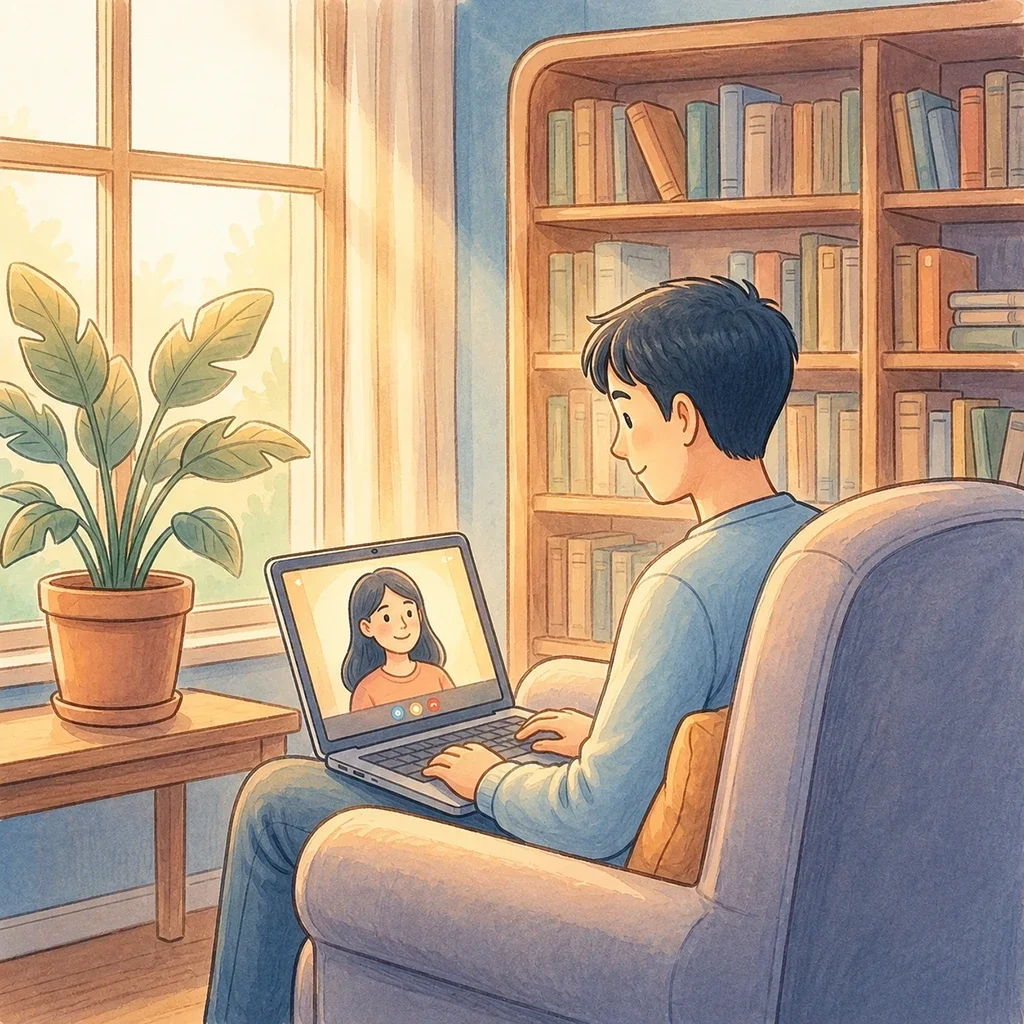 Person at home having a relaxed video therapy session on a laptop, conveying affordable, accessible online support