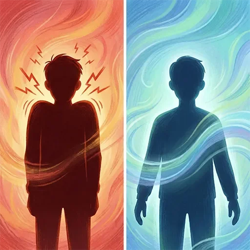 Illustration showing the contrast between a tense, stressed body and a relaxed, calm body