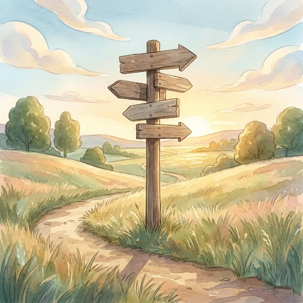 A signpost with several direction arrows in a calm landscape, representing choosing the right therapy option for your situation