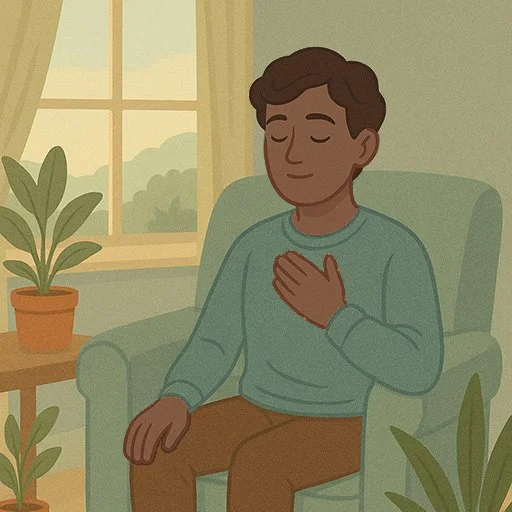 Person practicing calming techniques for hypervigilance including grounding and breathing exercises