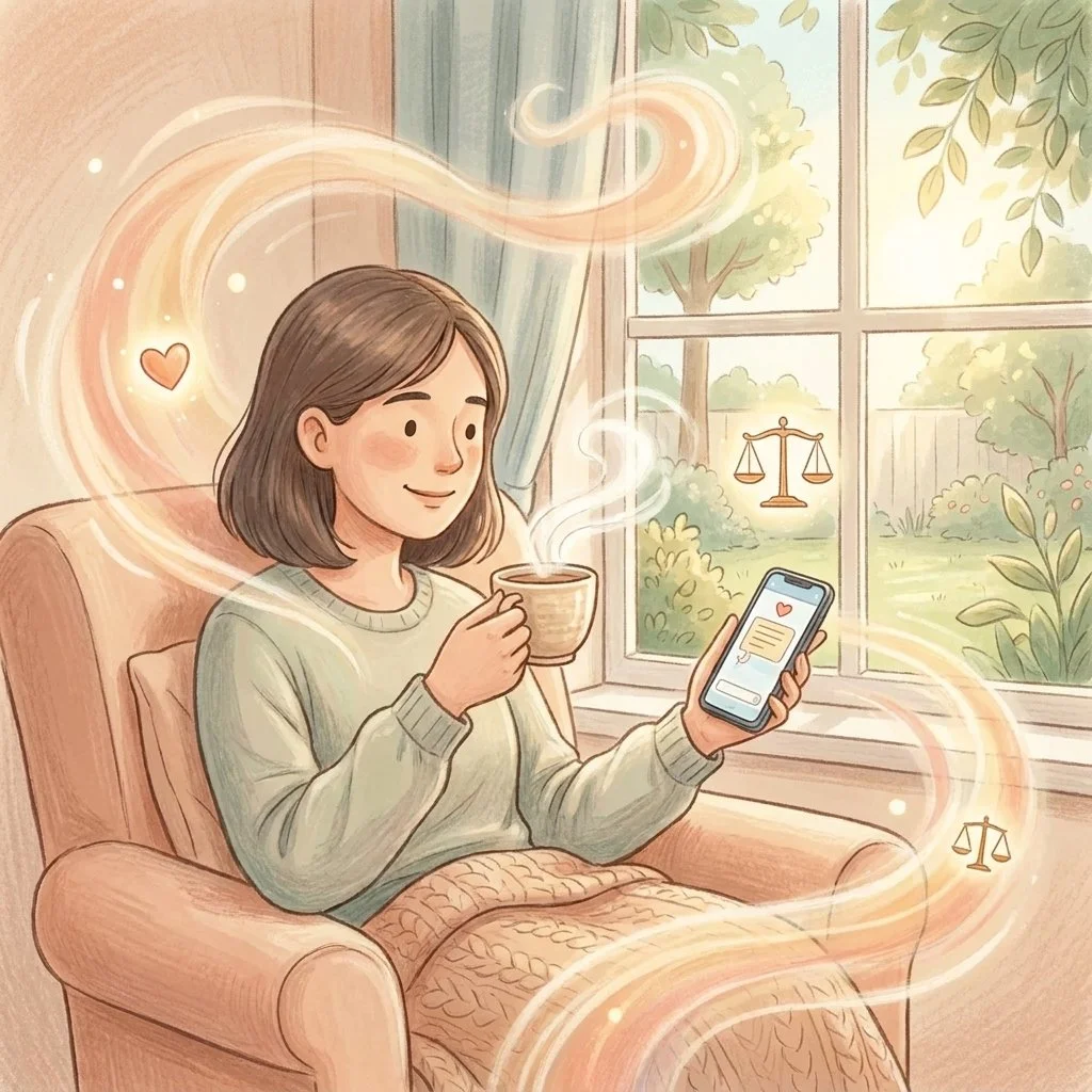 A woman calmly holding a cup of tea while looking at her phone, conveying emotional steadiness