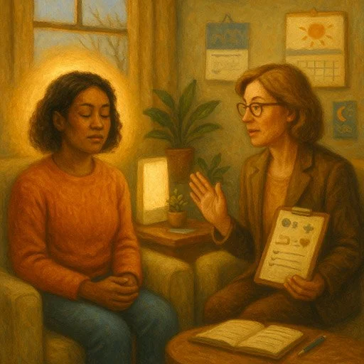 Person in therapy session discussing seasonal depression coping strategies with a counselor