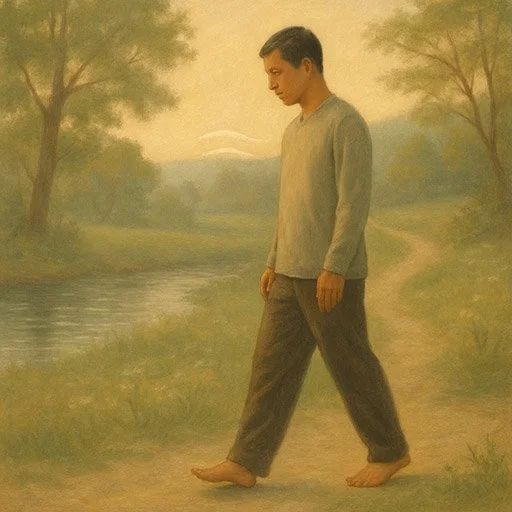 Person doing walking meditation or mindful movement practice outdoors