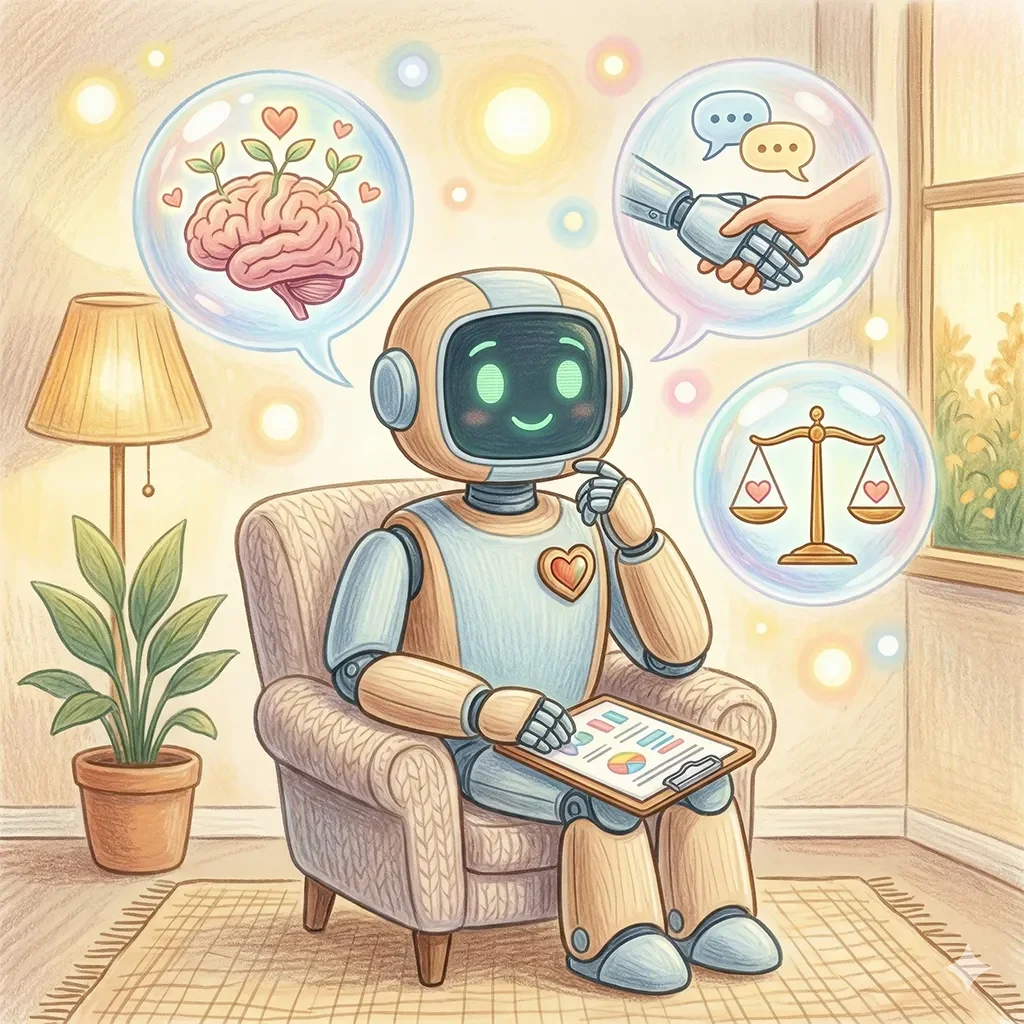 Friendly AI robot therapist illustration representing AI therapy apps