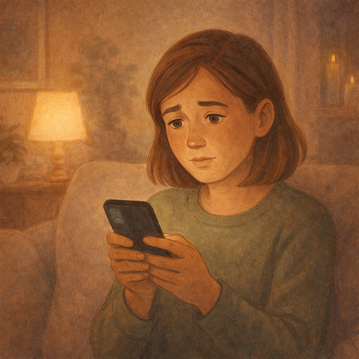 Person looking worried at phone while searching health symptoms online, representing health anxiety and cyberchondria