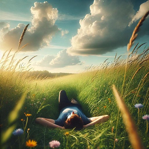 Person resting peacefully in a field during daytime, practicing stoic mindfulness