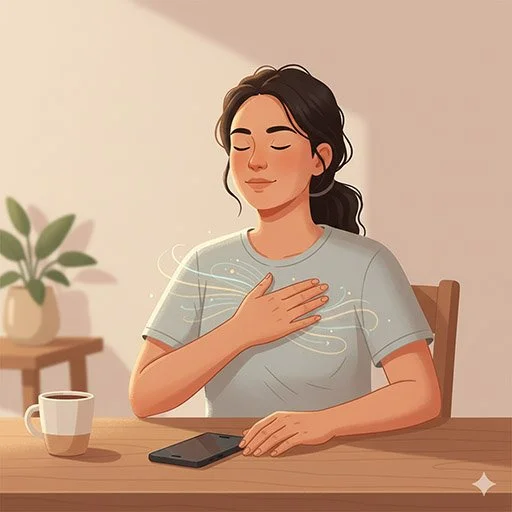 Illustration of someone putting their phone down and taking a calming breath
