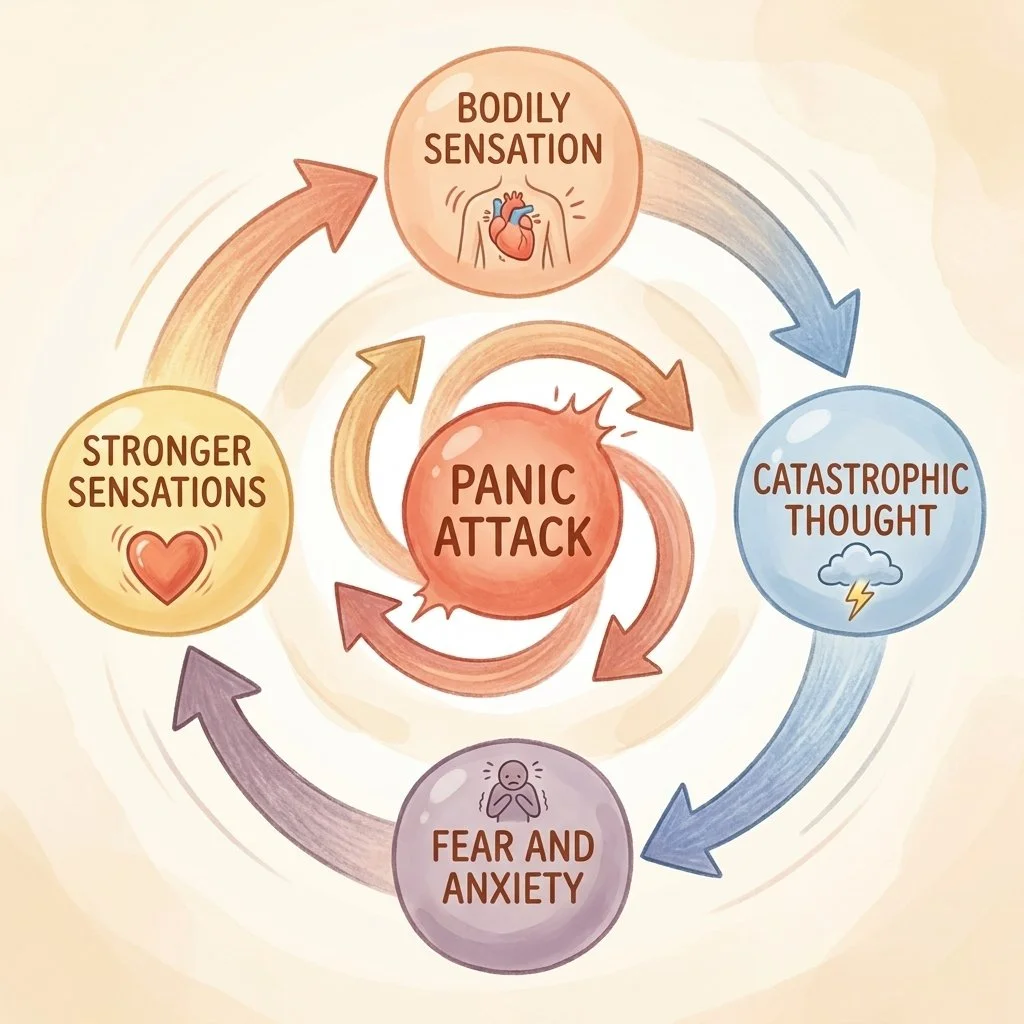 Diagram of the panic cycle showing how a bodily sensation feeds into catastrophic thoughts and escalating fear
