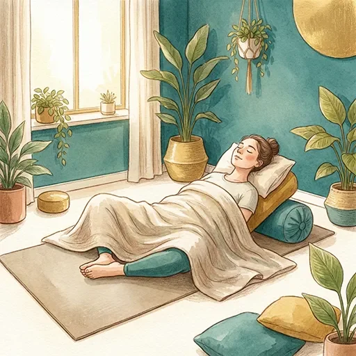 Person in a gentle restorative yoga pose practicing vagus nerve stimulation through mindful movement