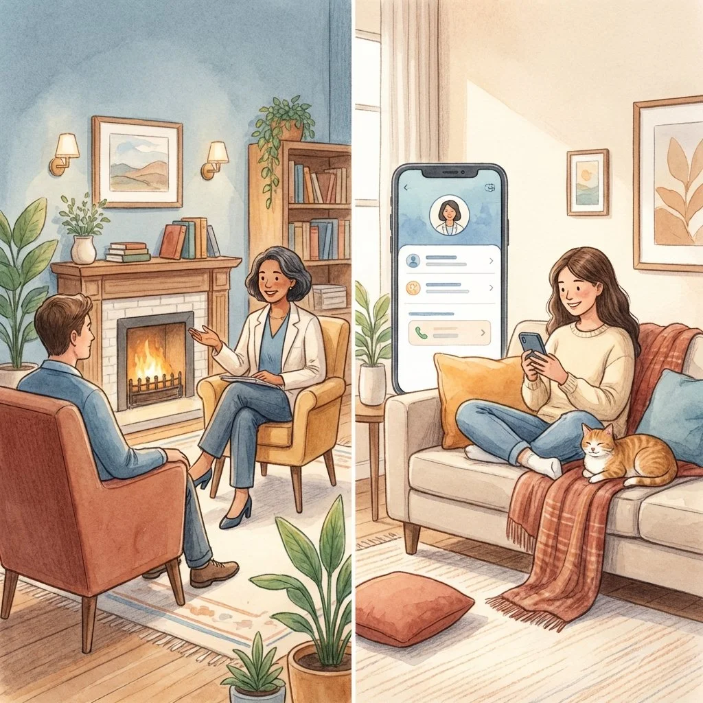 Split illustration showing a person talking to a human therapist on one side and using an AI therapy app on a phone on the other side