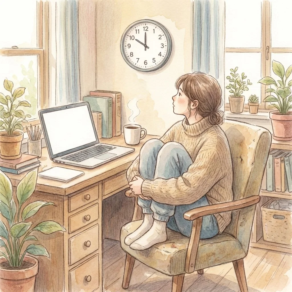 Person stuck in waiting mode, unable to focus while watching the clock before an appointment