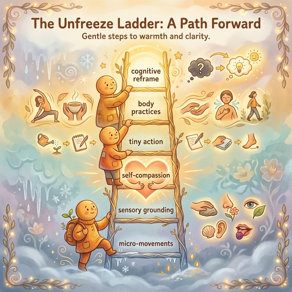 Illustrated infographic showing the six-step unfreeze ladder from micro-movements to cognitive reframing