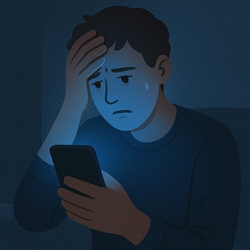 Stressed person holding head while looking at smartphone with anxious expression