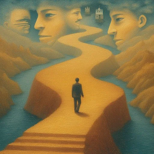 Image representing social anxiety symbolically with a person walking towards faces in the