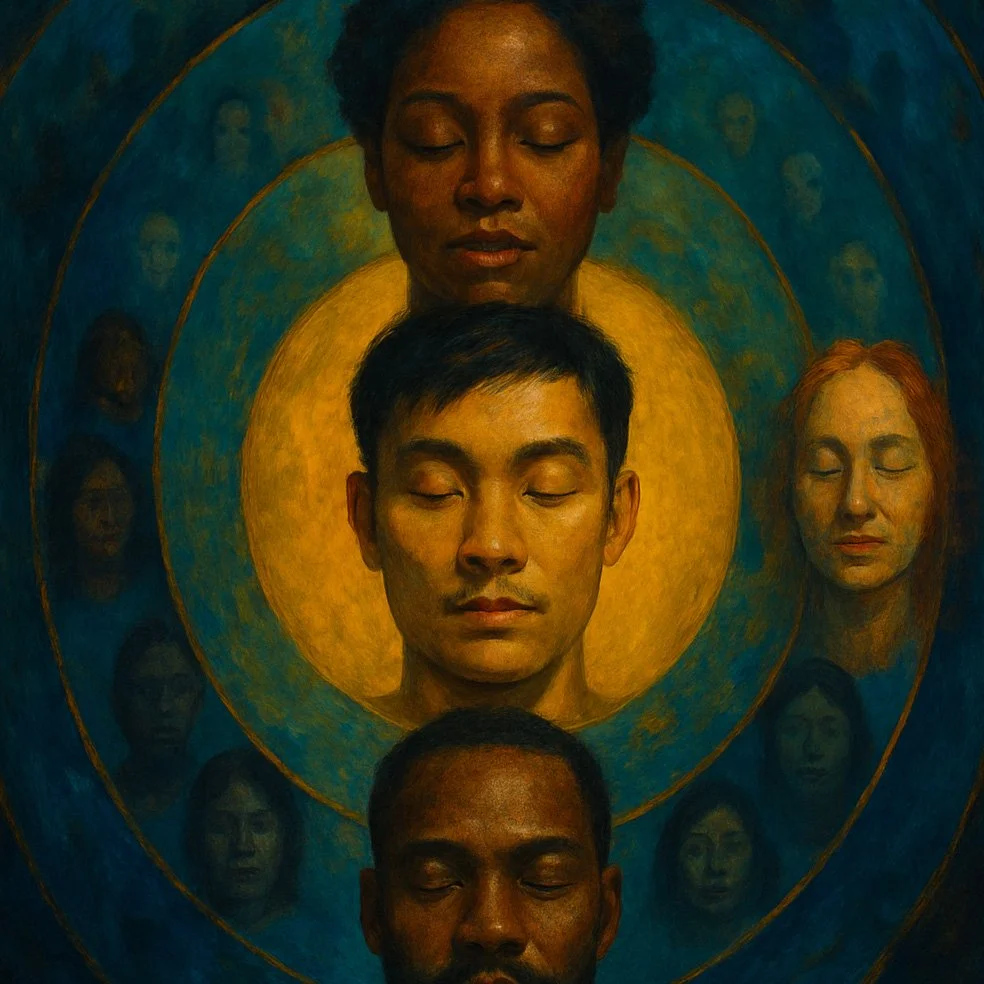 Abstract illustration showing realistic faces arranged in expanding concentric circles representing the loving-kindness practice sequence