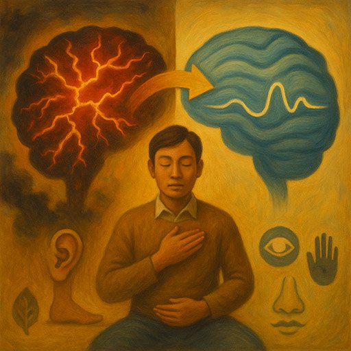 Brain illustration showing reduced stress response and increased calm from body scan meditation practice