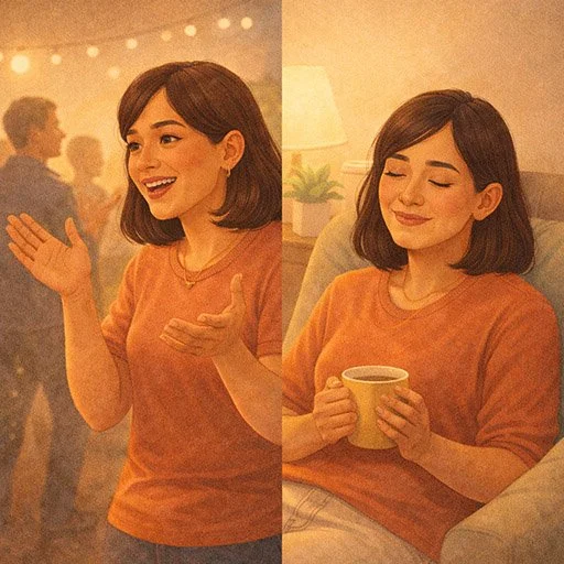 Two versions of the same person: one performing socially with a bright smile, one resting quietly at home looking relieved