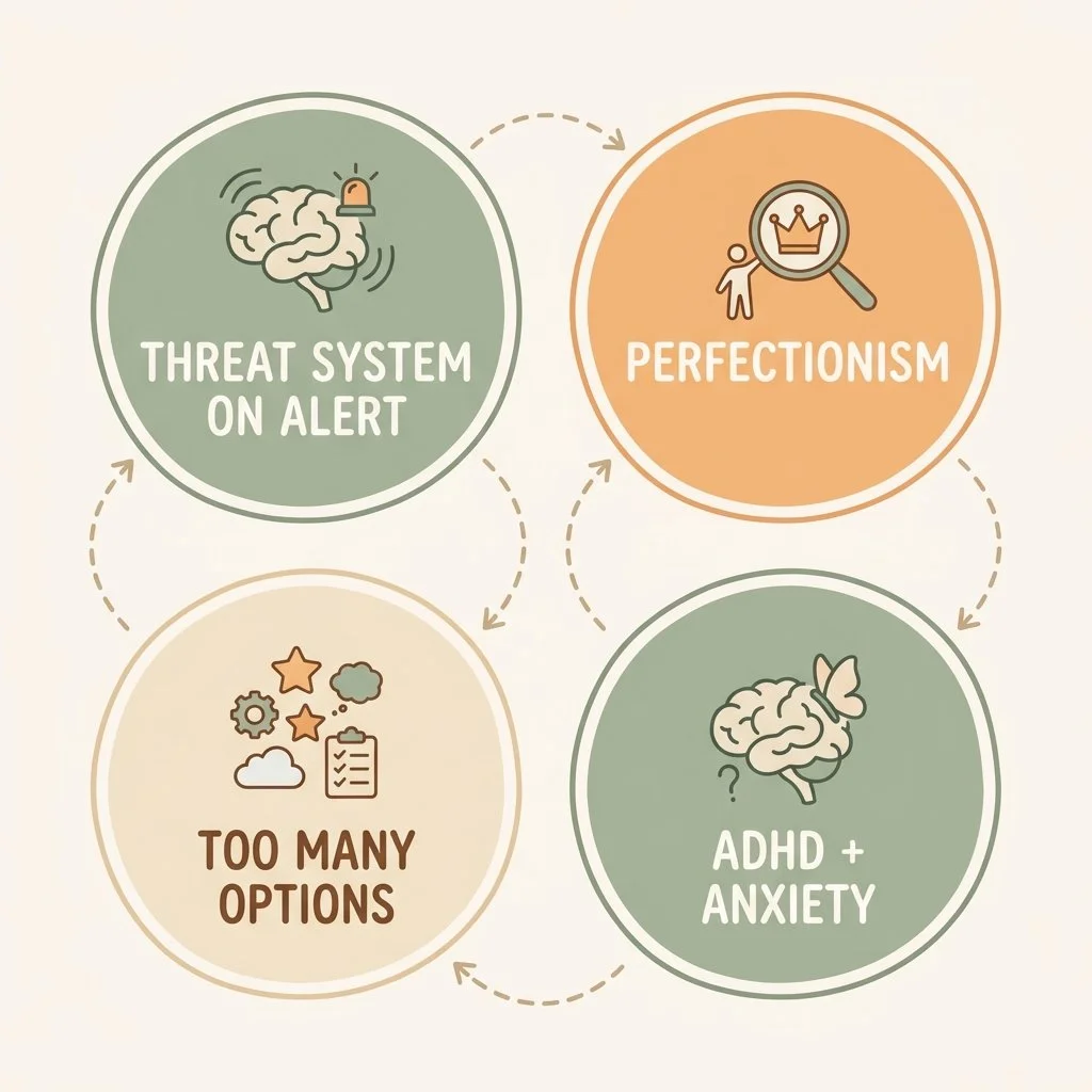 Diagram showing the four drivers of analysis paralysis: threat system, perfectionism, cognitive overload, and ADHD-anxiety overlap