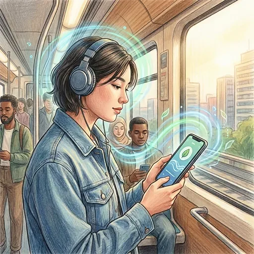 Person using a mental health app for DBT skill practice while commuting