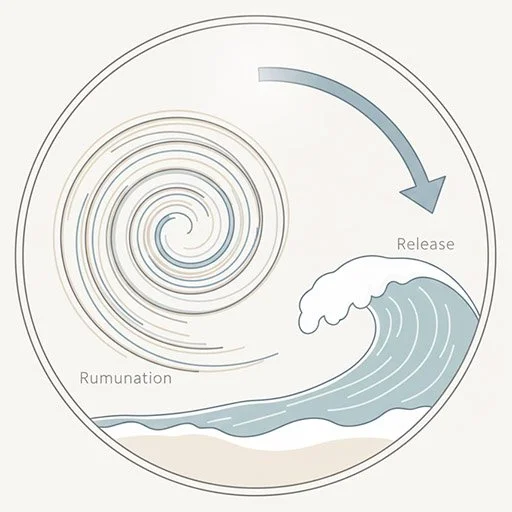 Minimalist diagram of a rumination loop turning into a wave, showing thoughts rising and passing