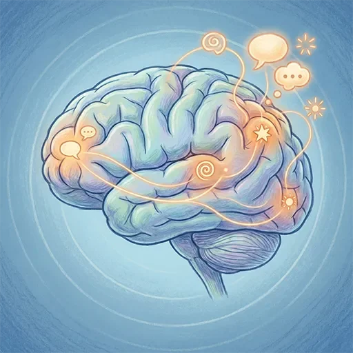 Illustration of the brain's default mode network and its role in self-referential thinking