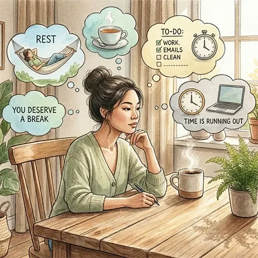 Illustration showing a person's mind with competing thoughts about productivity and rest