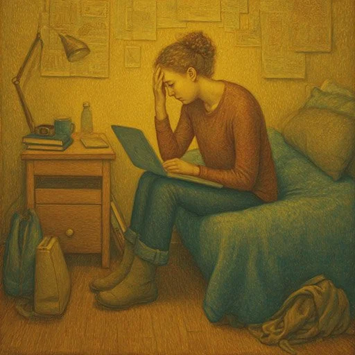 Woman in distress in a college dorm