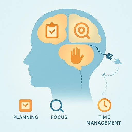 Visual representation of executive function challenges in ADHD showing planning, focus, and impulse control difficulties
