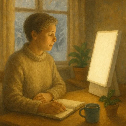 Person sitting by a bright light therapy box during winter morning routine for seasonal depression treatment
