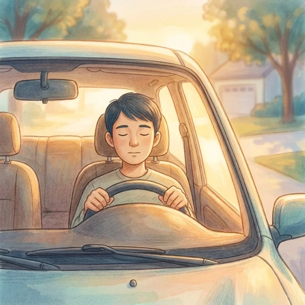 Person sitting alone in a parked car at dusk, taking a quiet moment before going inside