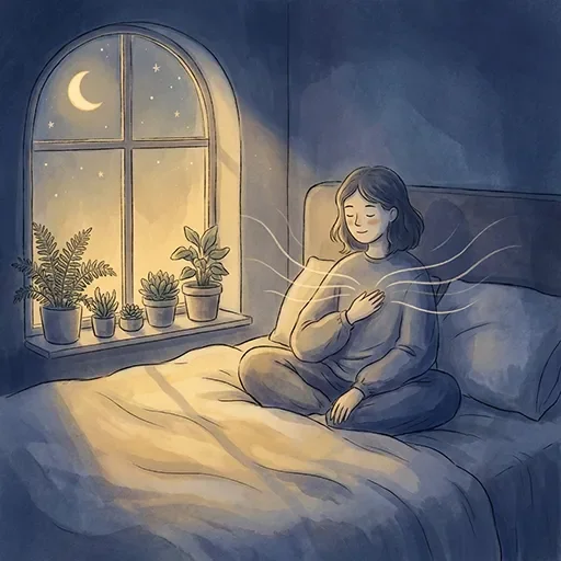 Person practicing deep breathing and relaxation in a calm bedroom setting at night